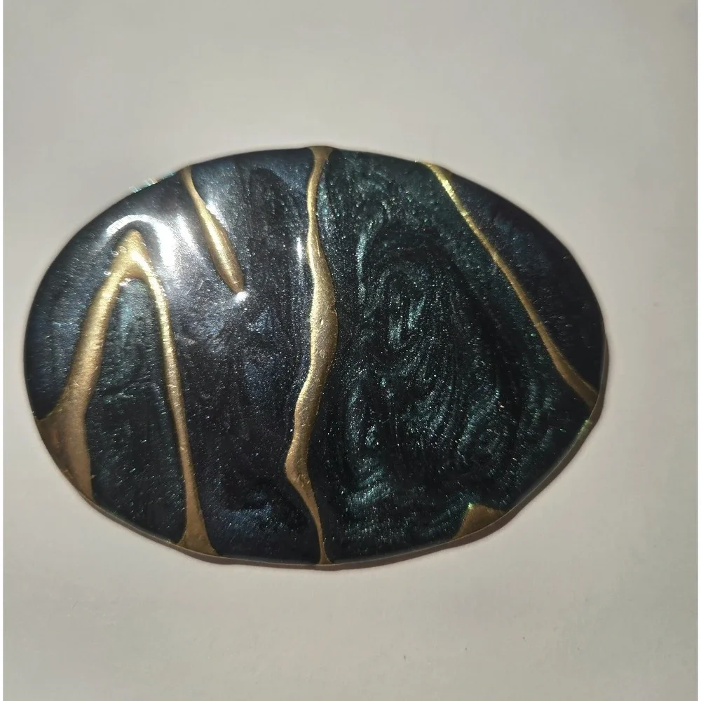 Large Vintage Abstract Teal Blue Green Gold Vein Oval Cabochon Brooch Pin 80s